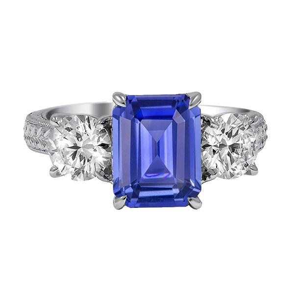 67320 3 CT Diamond 3 Stone Emerald Srilanka Vintage Style Sapphire Ring, Size 6.5