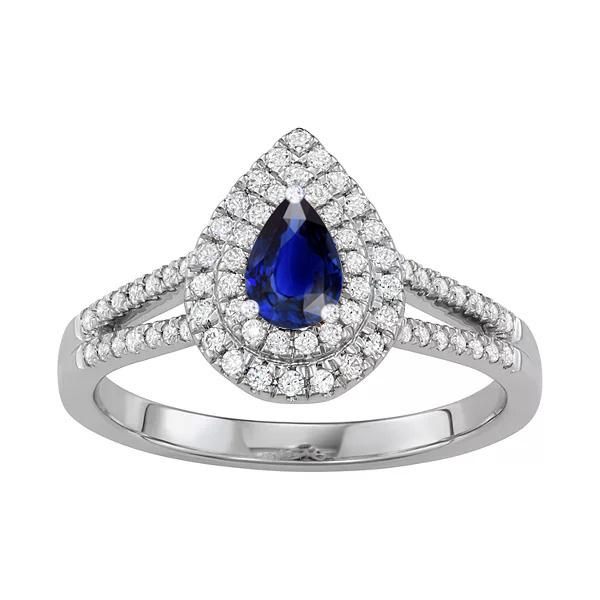 67341 3 CT Diamond Double Halo Pear Blue Split Shank Sapphire Ring, Size 6.5