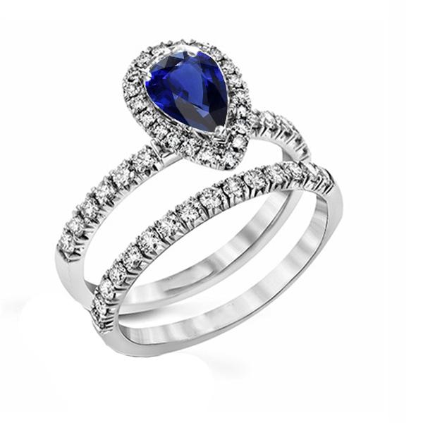 67354 2.50 CT Diamond Halo Pear Sri Lankan Sapphire Wedding Ring Set, Size 6.5