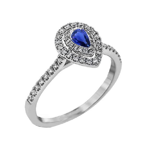 2.50 CT White Gold Double Halo Pear Blue Sapphire Diamond Ring, Size 6.5