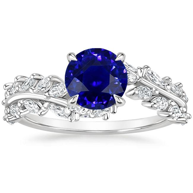 67807 4.50 CT Marquise Diamond & Round Ceylon Leaf Style Sapphire Ring, Size 6.5