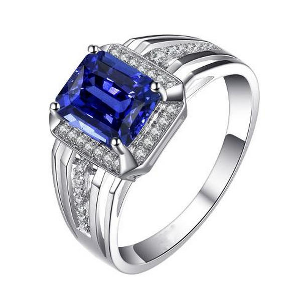 67814 3 CT Diamond Radiant Ceylon Sapphire Split Shank Wedding Ring, Gold - Size 6.5