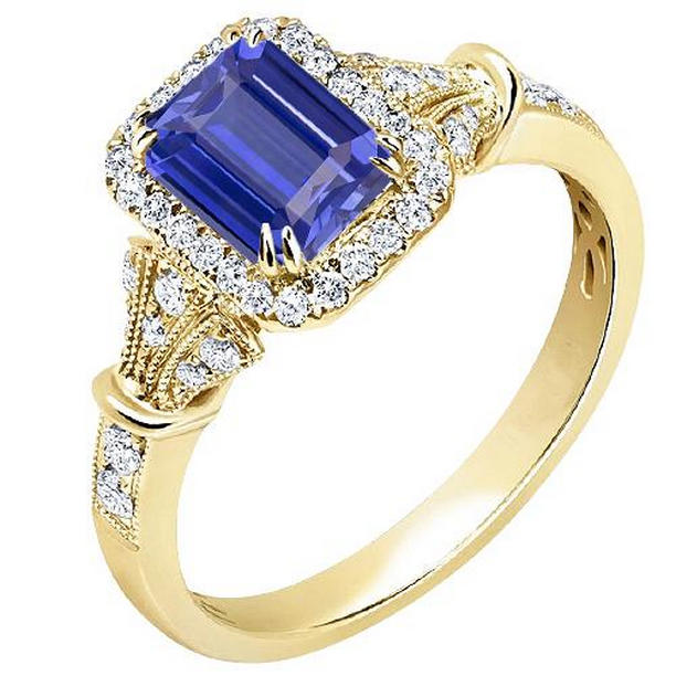 Picture of Harry Chad Enterprises 67822 4 CT Halo Yellow Gold Blue Emerald Sapphire Milgrain Diamond Ring&#44; Size 6.5