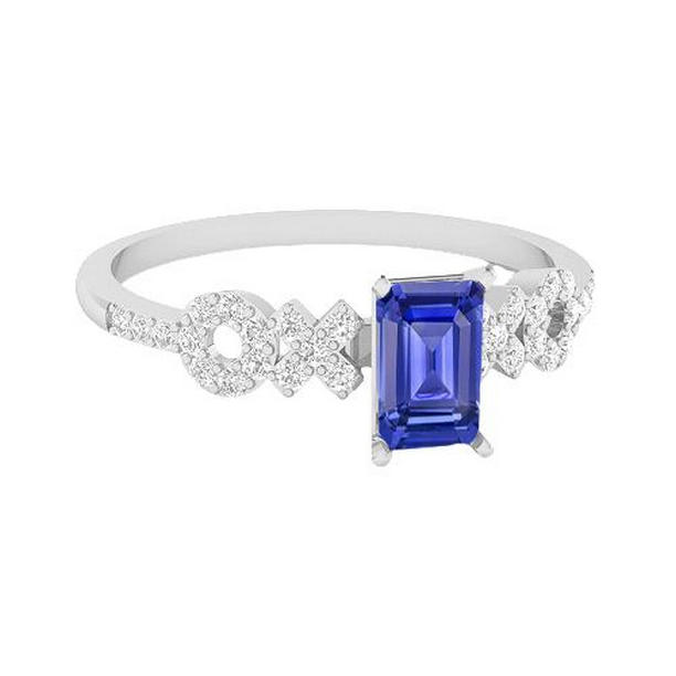 67825 Blue Sapphire Diamond Emerald 2.50 CT XO Style Ring, 14K White Gold - Size 6.5
