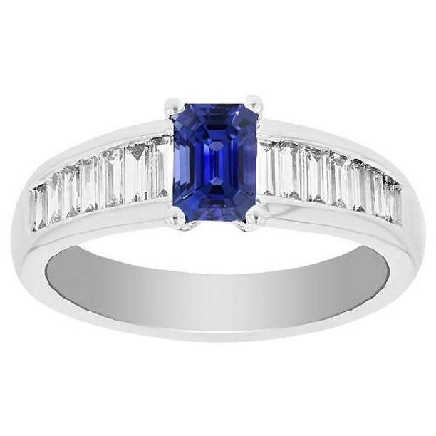 67837 Baguette Diamond 2 CT Emerald Blue Sapphire Gemstone Wedding Ring, Size 6.5