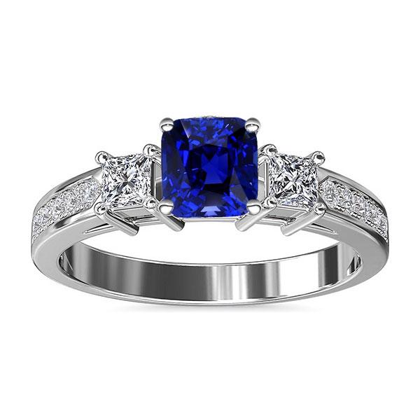 2.50 CT Ceylon Sapphire Princess & Round Diamonds Gemstone Ring, Size 6.5