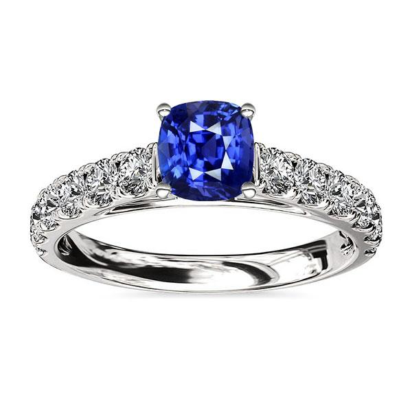 68261 3 CT Round Diamond Cushion Blue Sapphire Gemstone Ring, White Gold - Size 6.5