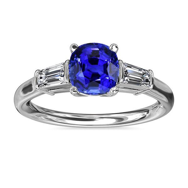 68266 Three Stone Cushion Ceylon 2.25 CT Baguette Diamonds Sapphire Ring, Size 6.5