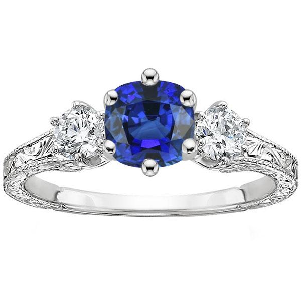68271 2.50 CT Three Stone Cushion Antique Style Diamonds Sapphire Ring, Size 6.5