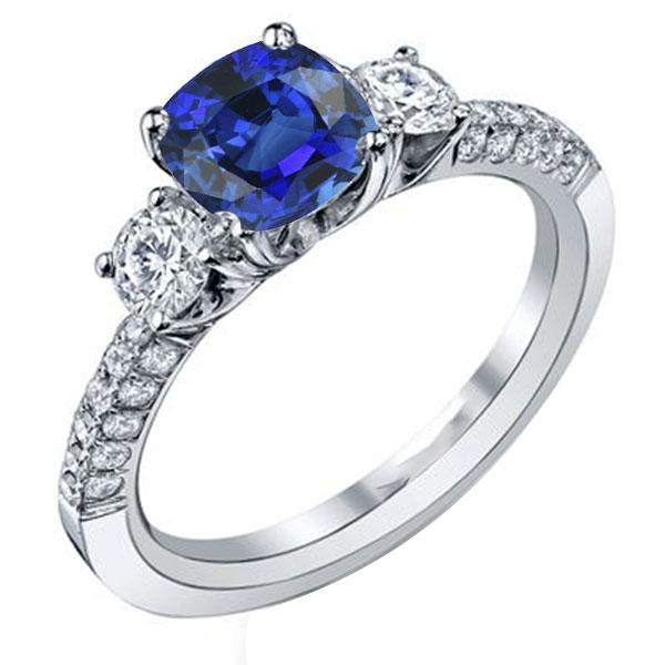3.50 CT Diamond 3 Stone Style Cushion Sri Lankan Sapphire Ring, Size 6.5
