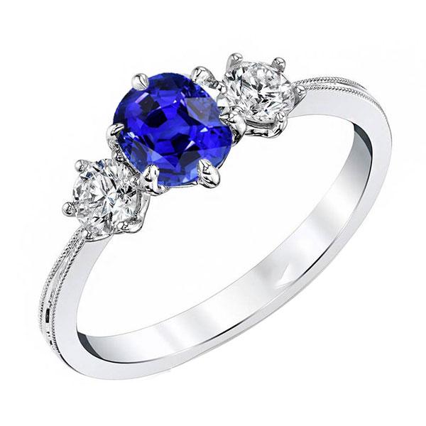 68273 Gold Three Stone Cushion Cut 2 CT Ladies Sapphire Ring, Size 6.5
