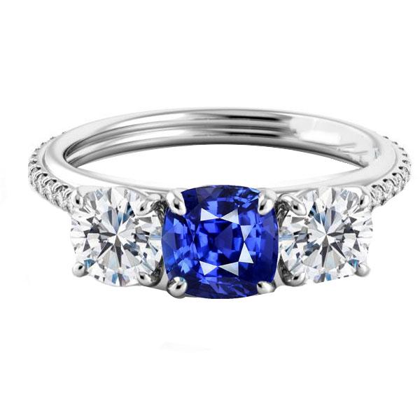 3.50 CT Diamond Cushion Blue 3 Stone Style & Accents Sapphire Ring, Size 6.5