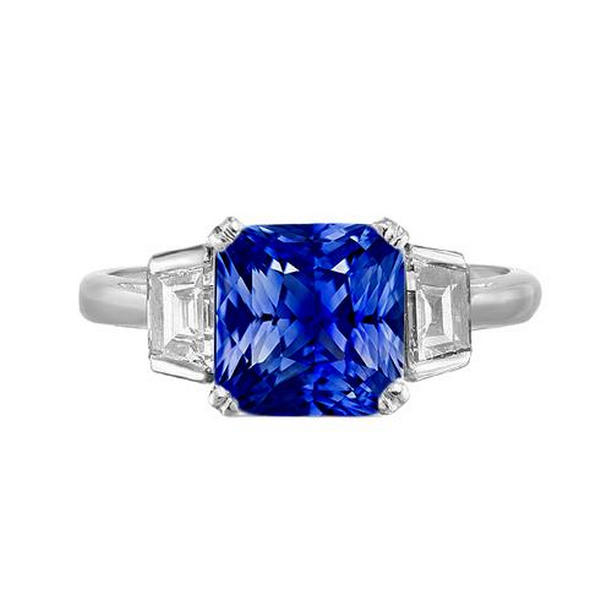68281 2.50 CT 3 Stone Cushion Sapphire & Trapezoid Diamond Wedding Ring, Size 6.5