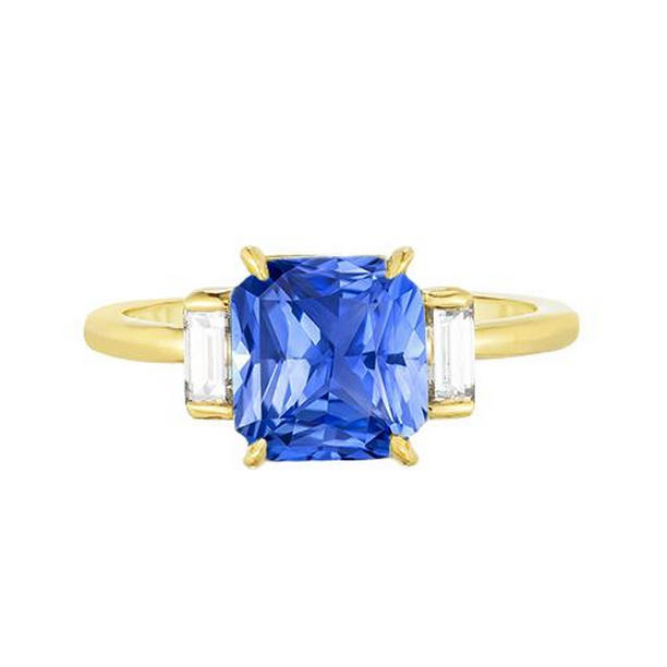 3 Stone Radiant Blue Sapphire 2.50 CT Baguette Diamonds Ring, Size 6.5