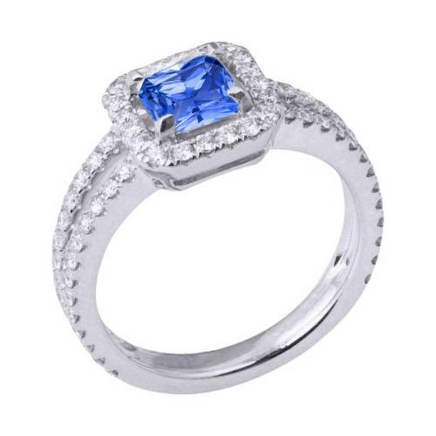 Diamond Halo Radiant Double Shank 3 CT Gold Sapphire Ring, Size 6.5