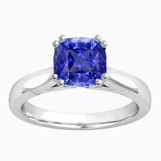 Cushion Ceylon Sapphire 2 CT Double Prong Solitaire Ring, Size 6.5