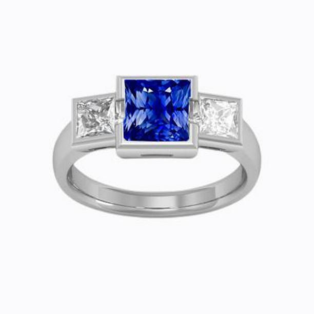 68718 2 CT Three Stone Princess Diamond & Ceylon Sapphire Ring, Size 6.5