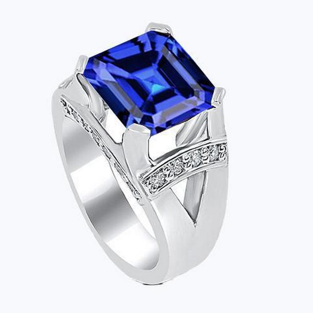 68736 3 CT Diamond Asscher Blue Sapphire Gold V Split Shank Wedding Ring, Size 6.5
