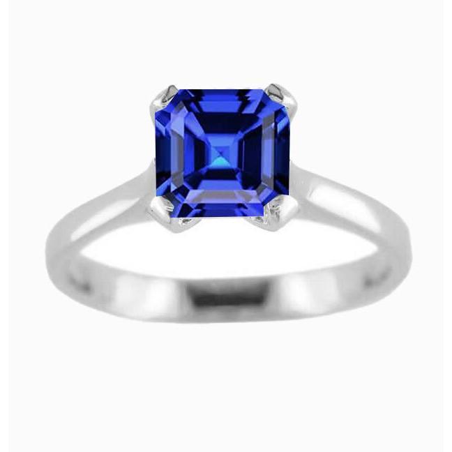 2 CT White Gold Blue Sapphire Asscher Cut Solitaire Ring, Size 6.5