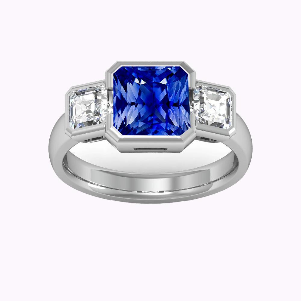 3 CT Gemstone 3 Stone Radiant Sapphire & Asscher Diamonds Ring, Size 6.5
