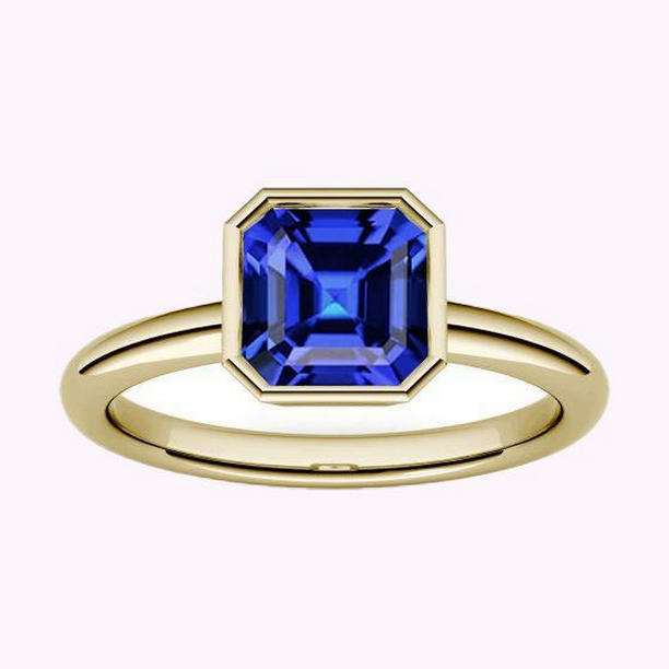 1.50 CT Bezel Set Asscher Sapphire Solitaire Ring, 14K Yellow Gold - Size 6.5