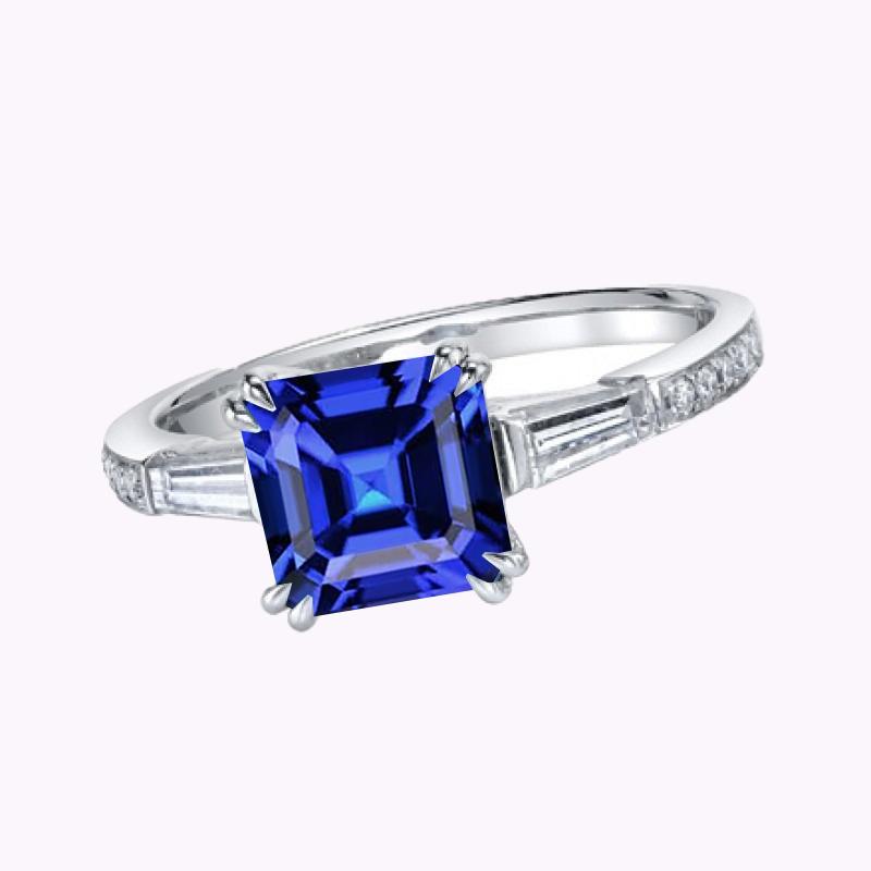 68745 3 Stone Style Asscher 3 CT Baguette & Round Diamonds Sapphire Ring, Size 6.5