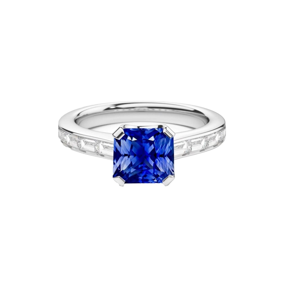 Radiant Sapphire 2 CT Baguette Accents Channel Set Engagement Ring, Size 6.5