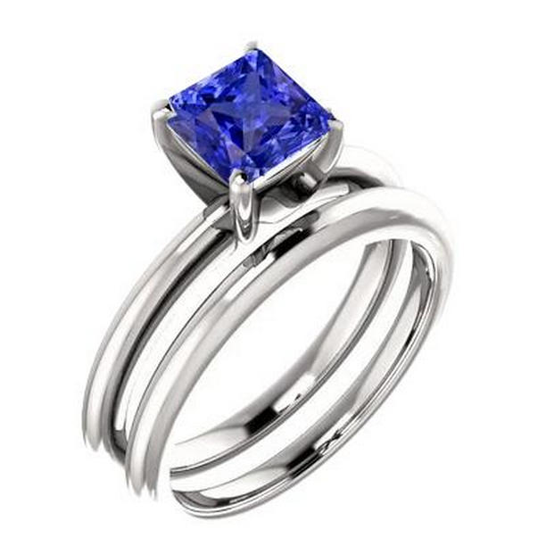 1 CT Solitaire Engagement Ring Set with Princess Blue Sapphire, Size 6.5