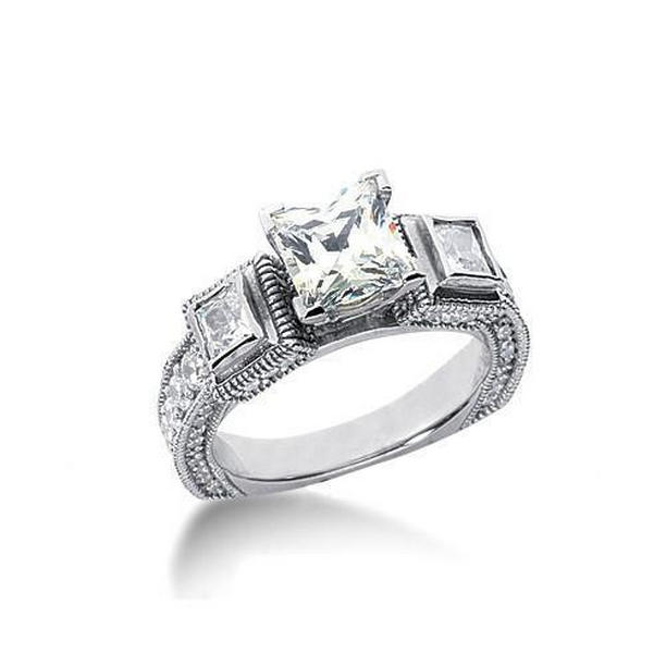 Diamond 2.51 CT 3 Stone Antique Style Engagement Ring, 14K White Gold - Size 6.5