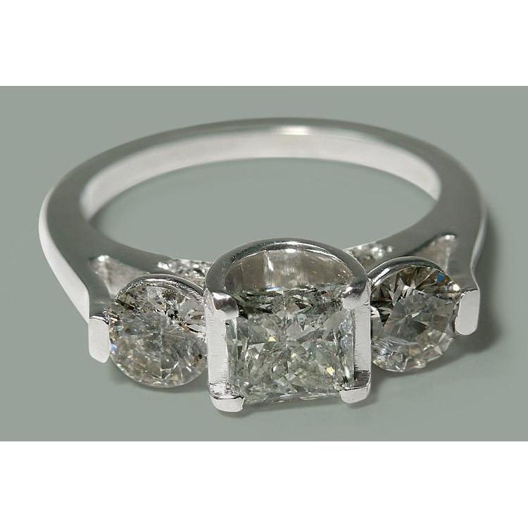 1.95 CT Princess & Round Diamond Three Stone Style Ring, White Gold - Size 6.5