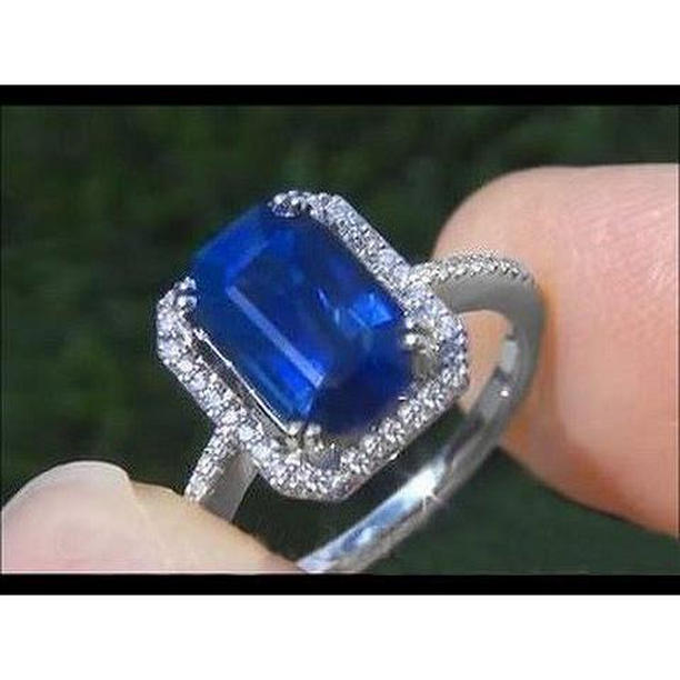 27966 2.70 CT Blue Emerald Cut Sapphire with Diamond Ring, 14K White Gold - Size 6.5