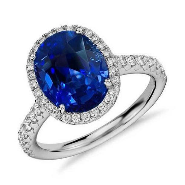 28239 2.90 CT Oval Blue Sapphire & Round Engagement Diamond Ring, 14K White Gold - Size 6.5