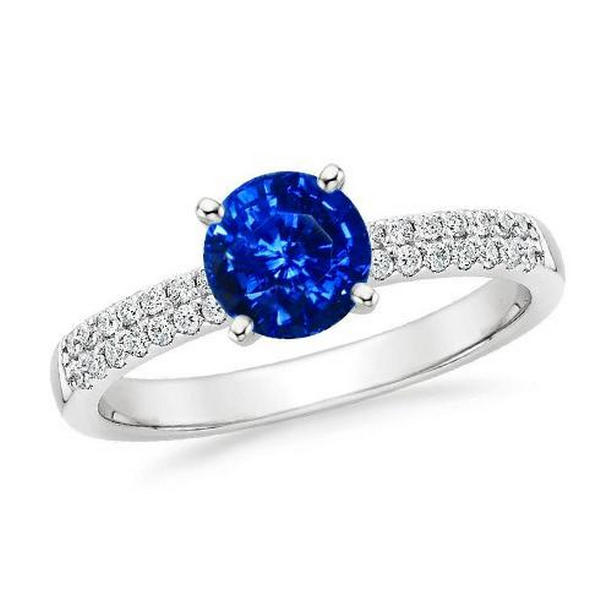 33607 3.50 CT Prong Set Round Cut Ceylon Sapphire Diamonds Ring, 14K White Gold - Size 6.5