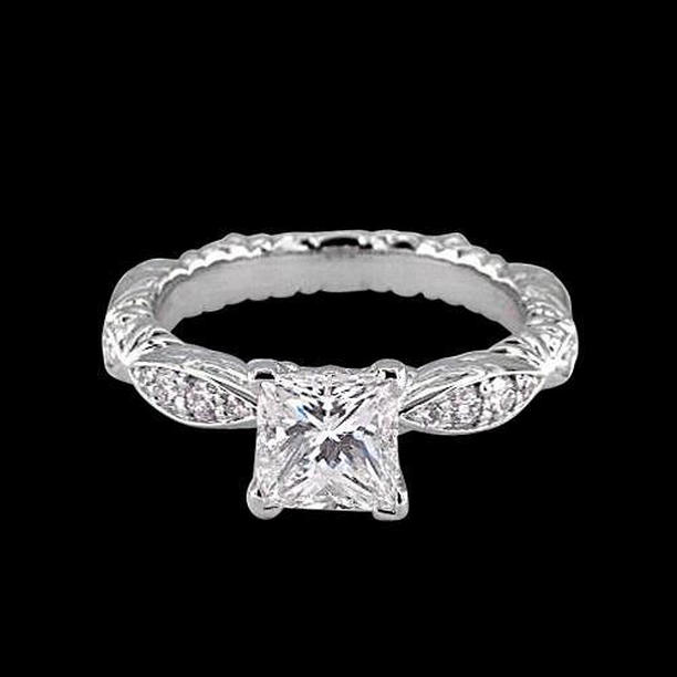 1.50 CT Princess & Round Diamond Engagement Ring, 14K White Gold - Size 6.5