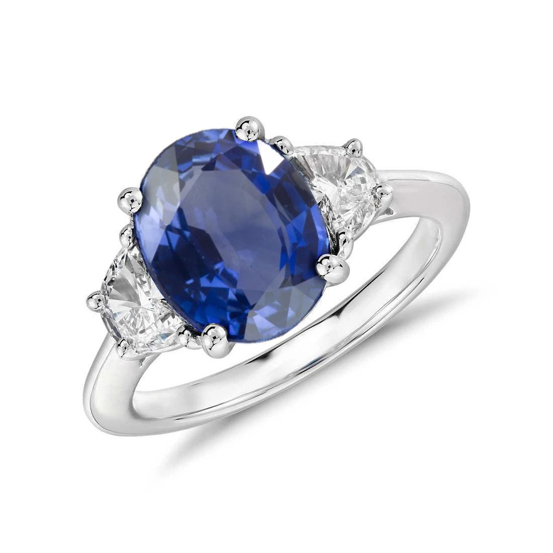33755 2 CT Oval Cut Sri Lanka Sapphire & Diamond 3 Stone Ring, 14K White Gold - Size 6.5