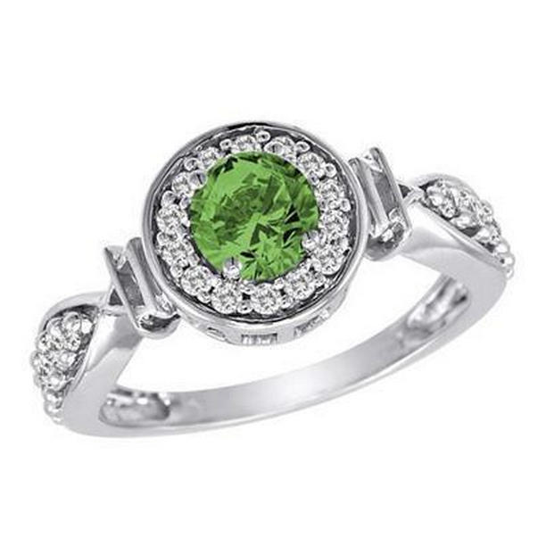 33806 1.35 CT Round Green Sapphire White Gold Diamond Ring, Size 6.5