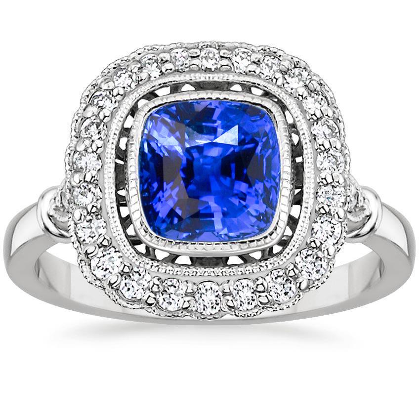 2 CT Ceylon Sapphire & Diamond Fancy Ladies Gold 14K Ring, Size 6.5