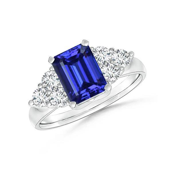 33972 4 CT Emerald Cut Ceylon Blue Sapphire & Round Diamond Wedding Ring, Size 6.5
