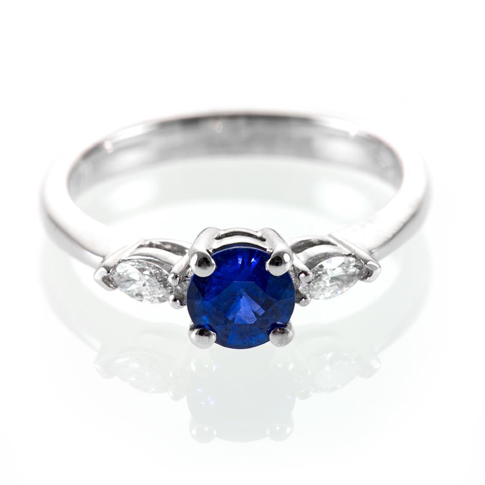 34085 2.50 CT Round & Marquise Ceylon Blue Sapphire Diamonds White Gold Ring, Size 6.5