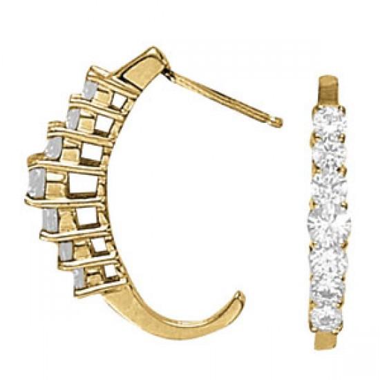 1.50 CT 14K Womens Yellow Gold Round Diamond J-Hoop Earrings Pair