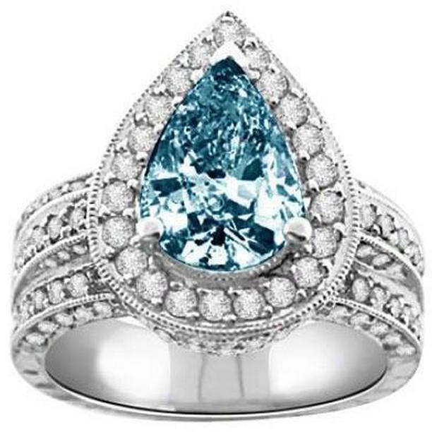 Picture of Harry Chad Enterprises 38982 3 CT Blue Pear & White Round Diamonds 14K White Gold Gemstone Ring&#44; Size 6.5