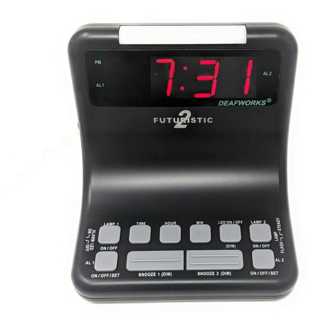 Picture of Harris HC-ALM202B Deafworks Futuristic 2 Dual Alarm Clock with Flashing or Steady Light mode & Dual USB Charging Ports&#44; Black