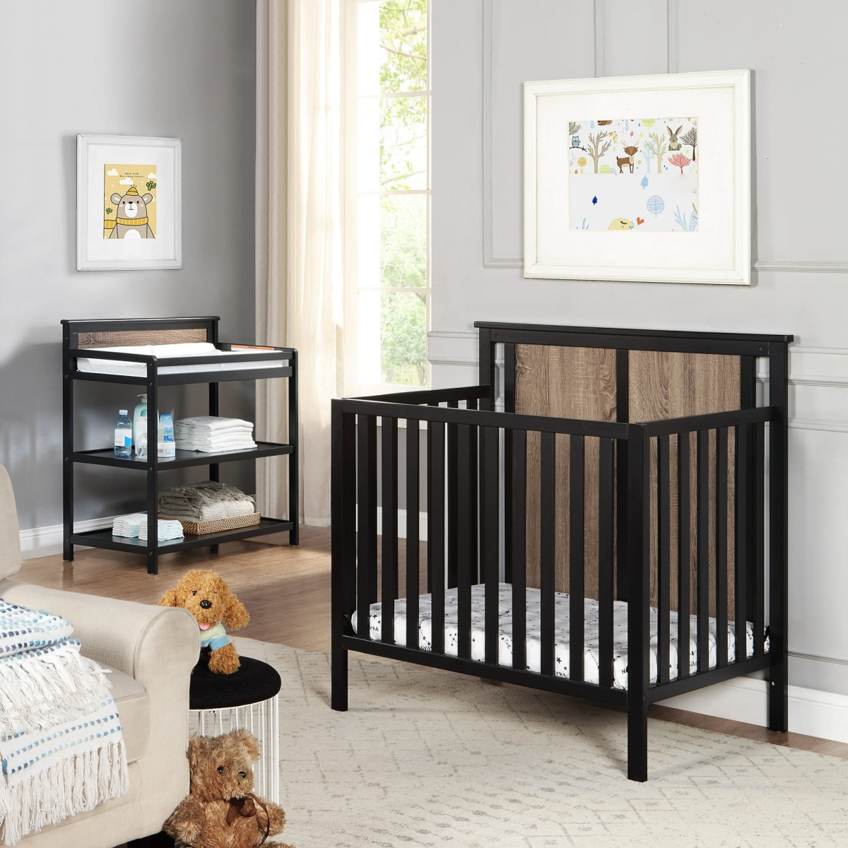 Picture of Suite Bebe 27599-BLK Connelly Mini Crib with Mattress Pad&#44; Black & Vintage Walnut