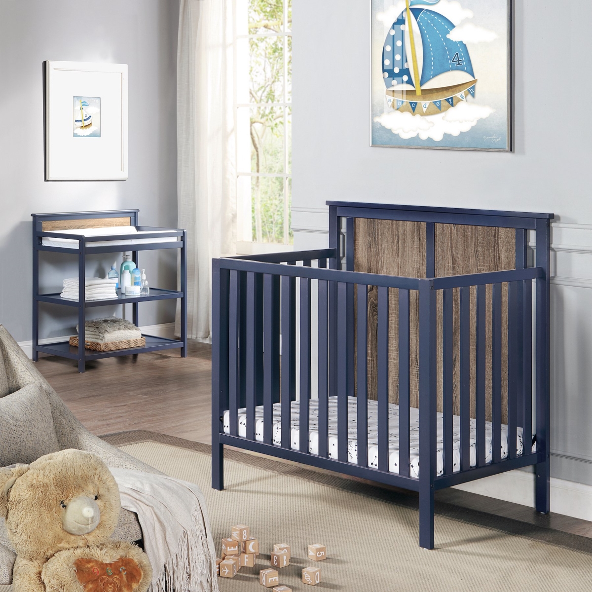 Picture of Suite Bebe 27599-MBL Connelly Mini Crib with Mattress Pad&#44; Midnight Blue & Vintage Walnut