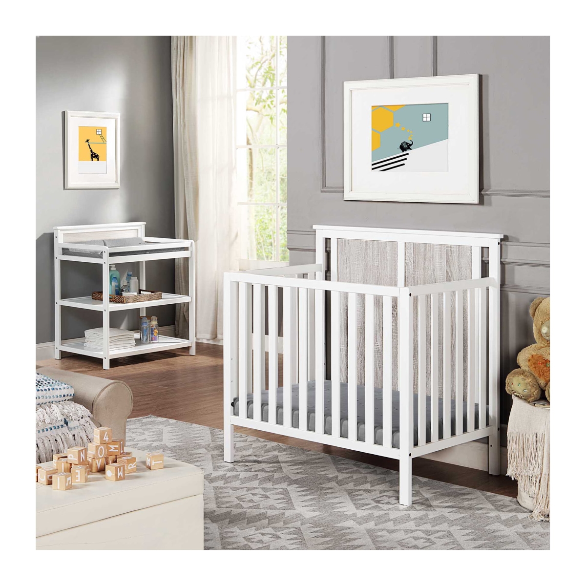 Picture of Suite Bebe 27599-WH Connelly Mini Crib with Mattress Pad&#44; White & Rockport Gray