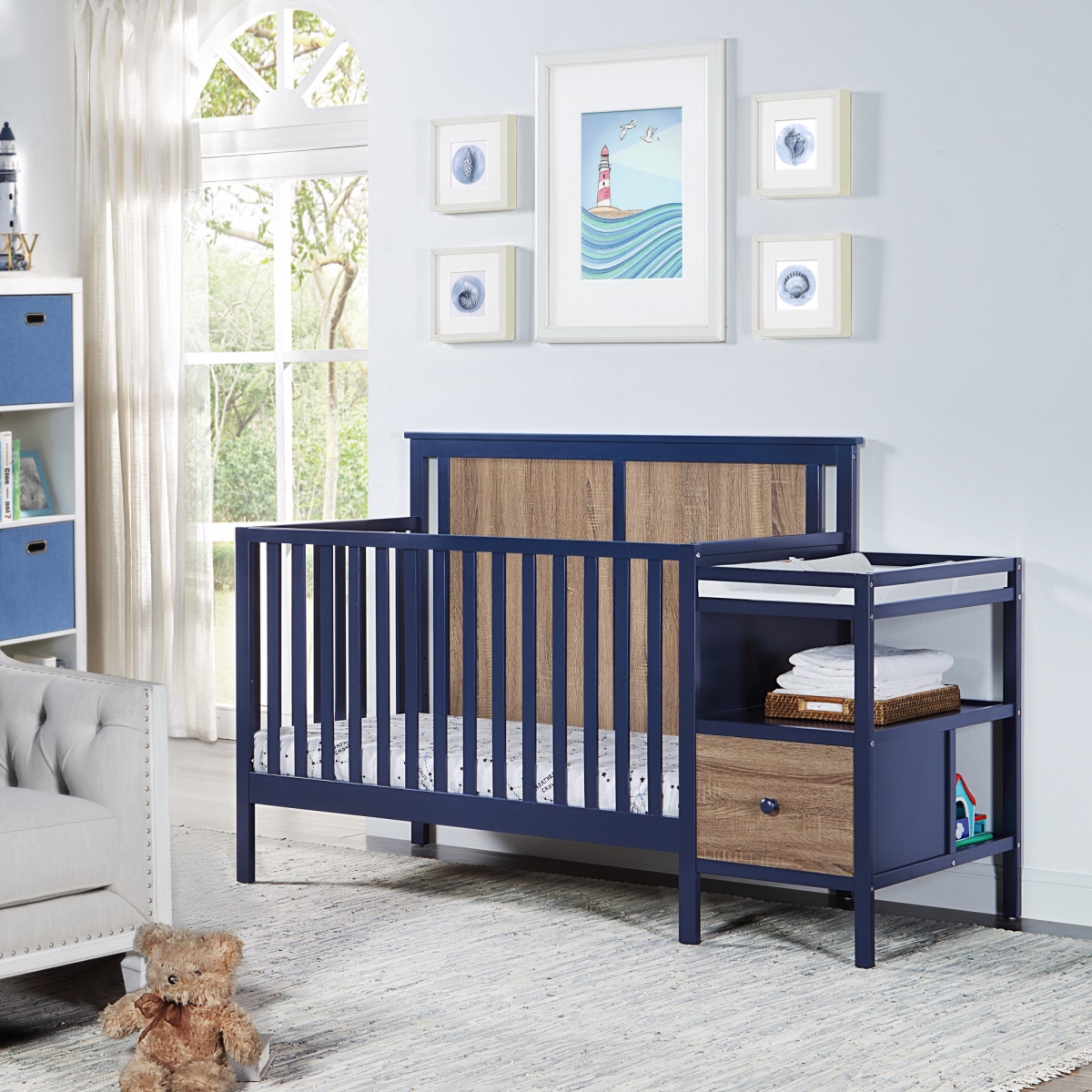 Picture of Suite Bebe 27501-MBL Connelly Lifetime 4-in-1 Crib & Changer Combo with Mattress Pad&#44; Midnight Blue & Vintage Walnut