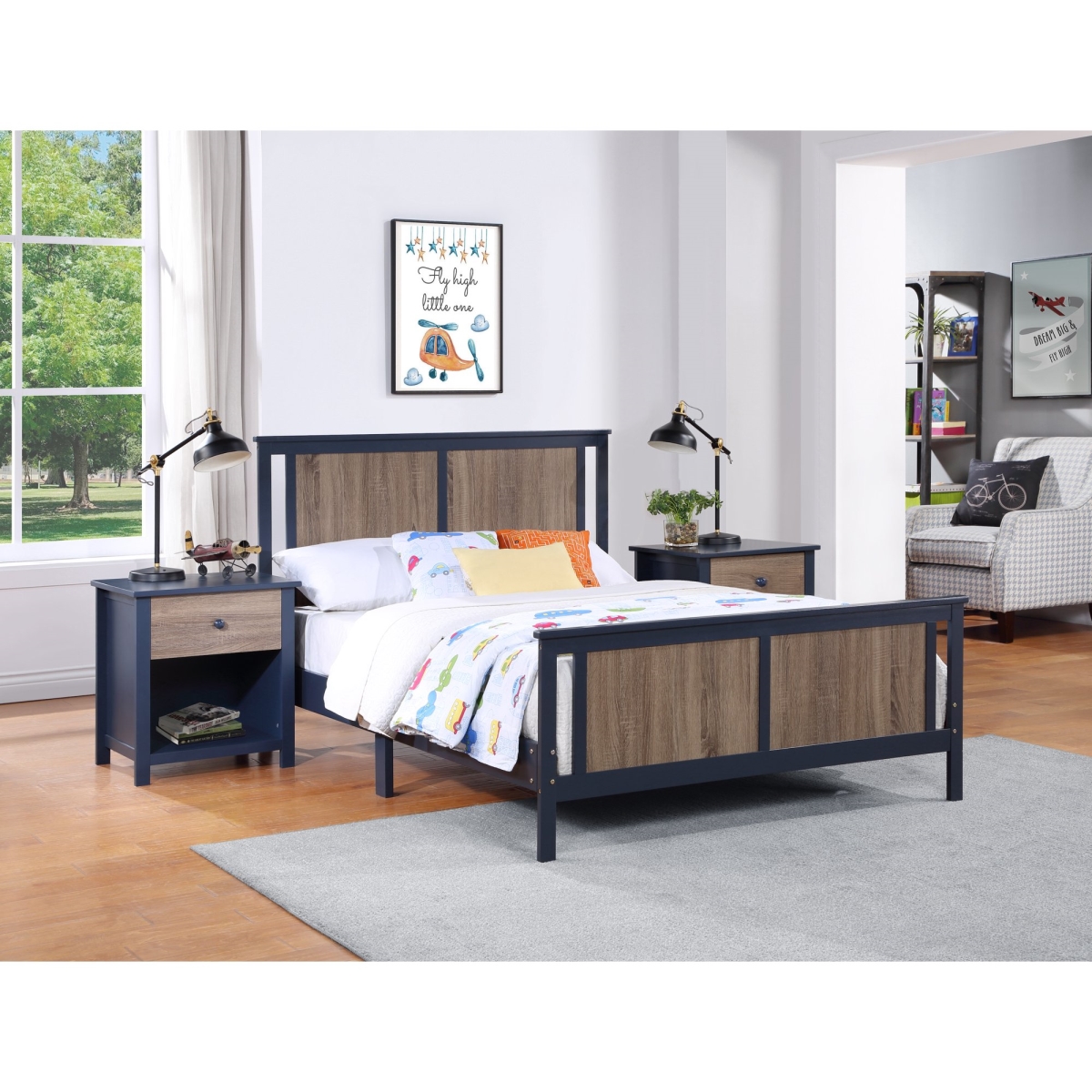 Connelly Reversible Panel Full Size Bed, Midnight Blue & Vintage Walnut