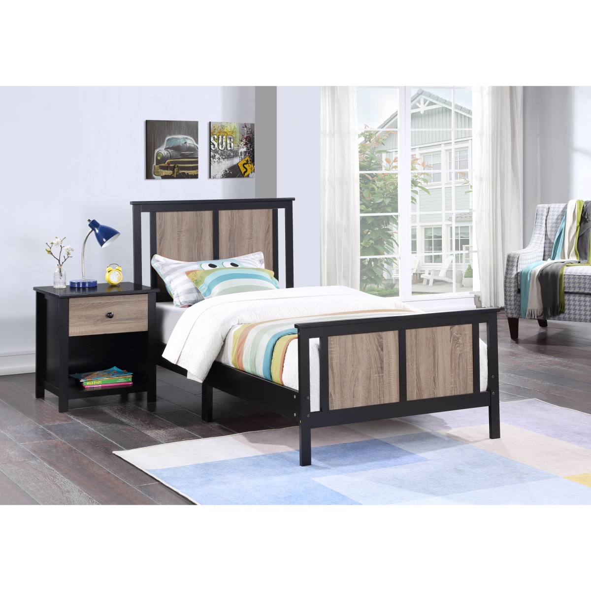 Connelly Reversible Panel Twin Size Bed, Black & Vintage Walnut