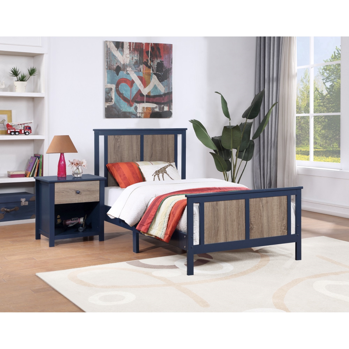 Connelly Reversible Panel Twin Size Bed, Midnight Blue & Vintage Walnut