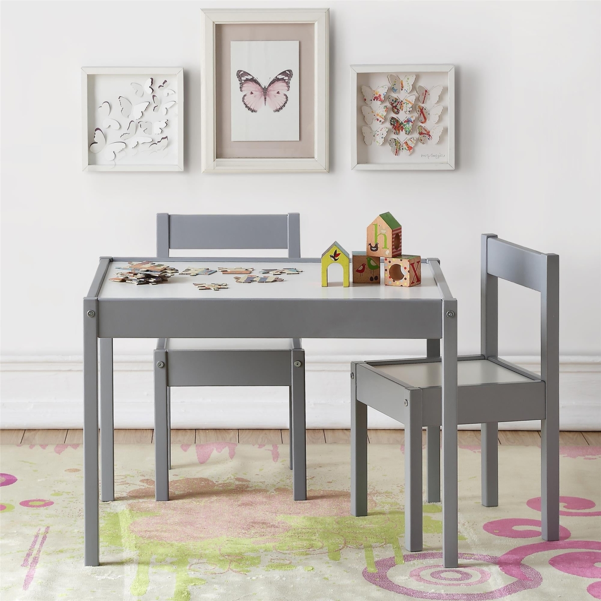 Della 3 Piece Solid Wood Kids Table & Chair Set, Gray